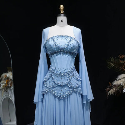 Luxury Pearls Tassel Blue and Yellow Evening Dress with Flowing Sleeves SS286
