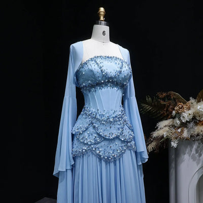 Luxury Pearls Tassel Blue and Yellow Evening Dress with Flowing Sleeves SS286
