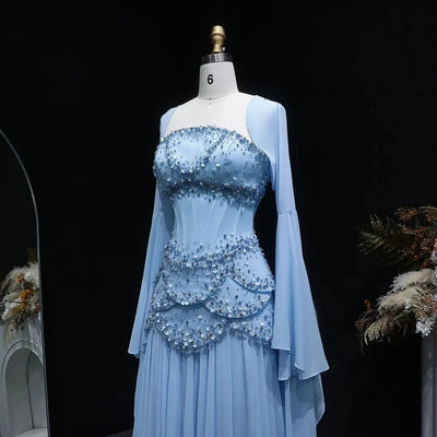Luxury Pearls Tassel Blue and Yellow Evening Dress with Flowing Sleeves SS286 