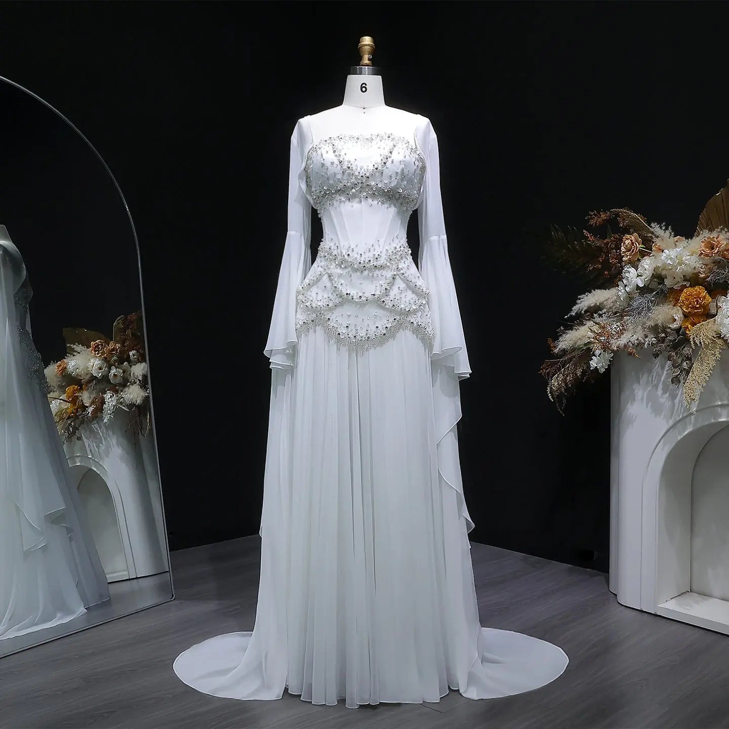 Luxury Pearls Tassel Blue and Yellow Evening Dress with Flowing