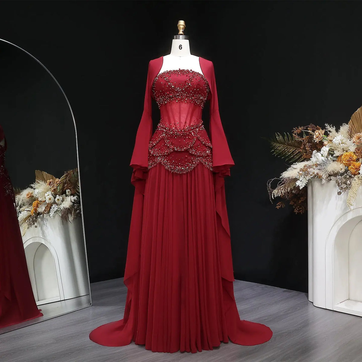 Luxury Pearls Tassel Blue and Yellow Evening Dress with Flowing Sleeves SS286 Luxury Pearls Tassel Blue and Yellow Evening Dress with Flowing Sleeves SS286