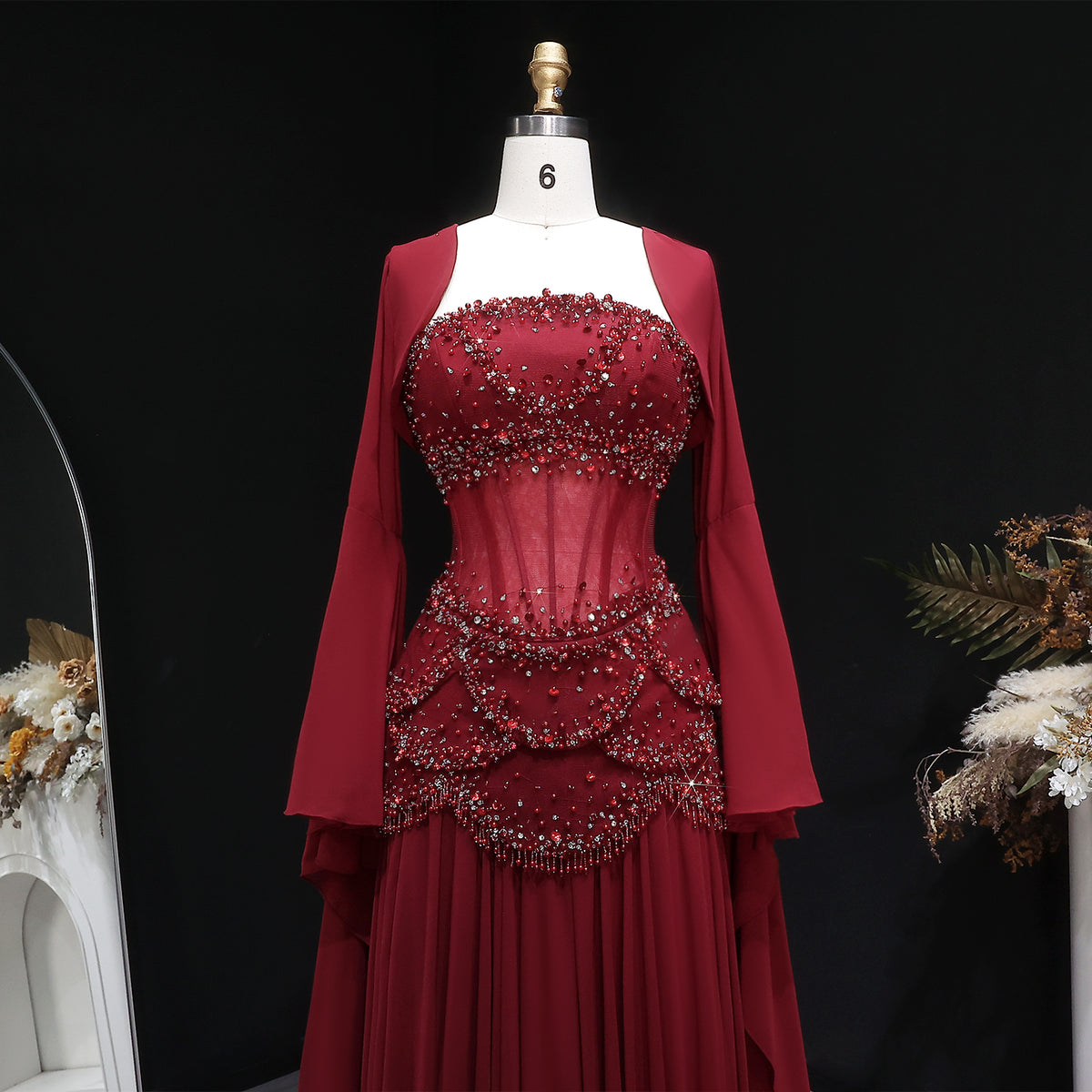 Luxury Pearls Tassel Blue and Yellow Evening Dress with Flowing Sleeves SS286 