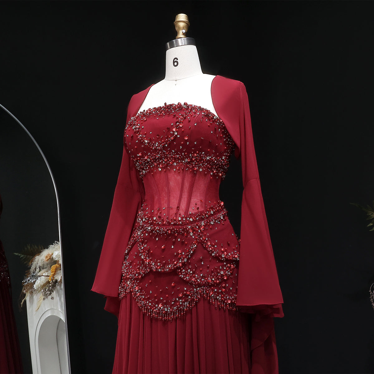 Luxury Pearls Tassel Blue and Yellow Evening Dress with Flowing Sleeves SS286 