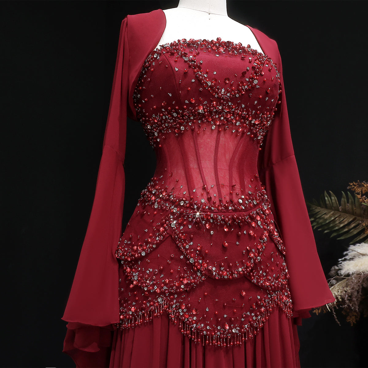 Luxury Pearls Tassel Blue and Yellow Evening Dress with Flowing Sleeves SS286 