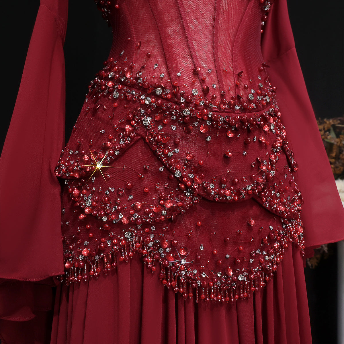 Luxury Pearls Tassel Blue and Yellow Evening Dress with Flowing Sleeves SS286 