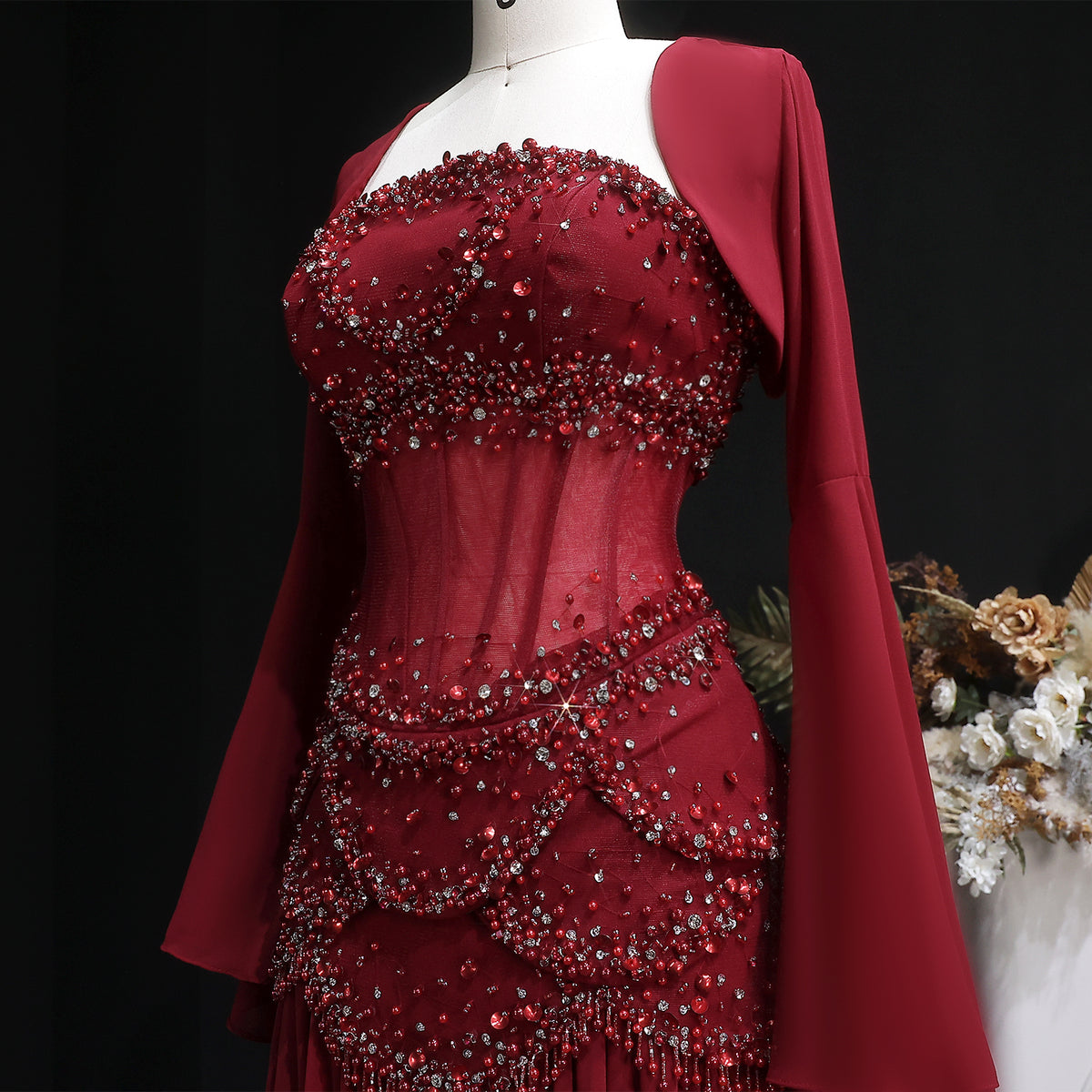 Luxury Pearls Tassel Blue and Yellow Evening Dress with Flowing Sleeves SS286 