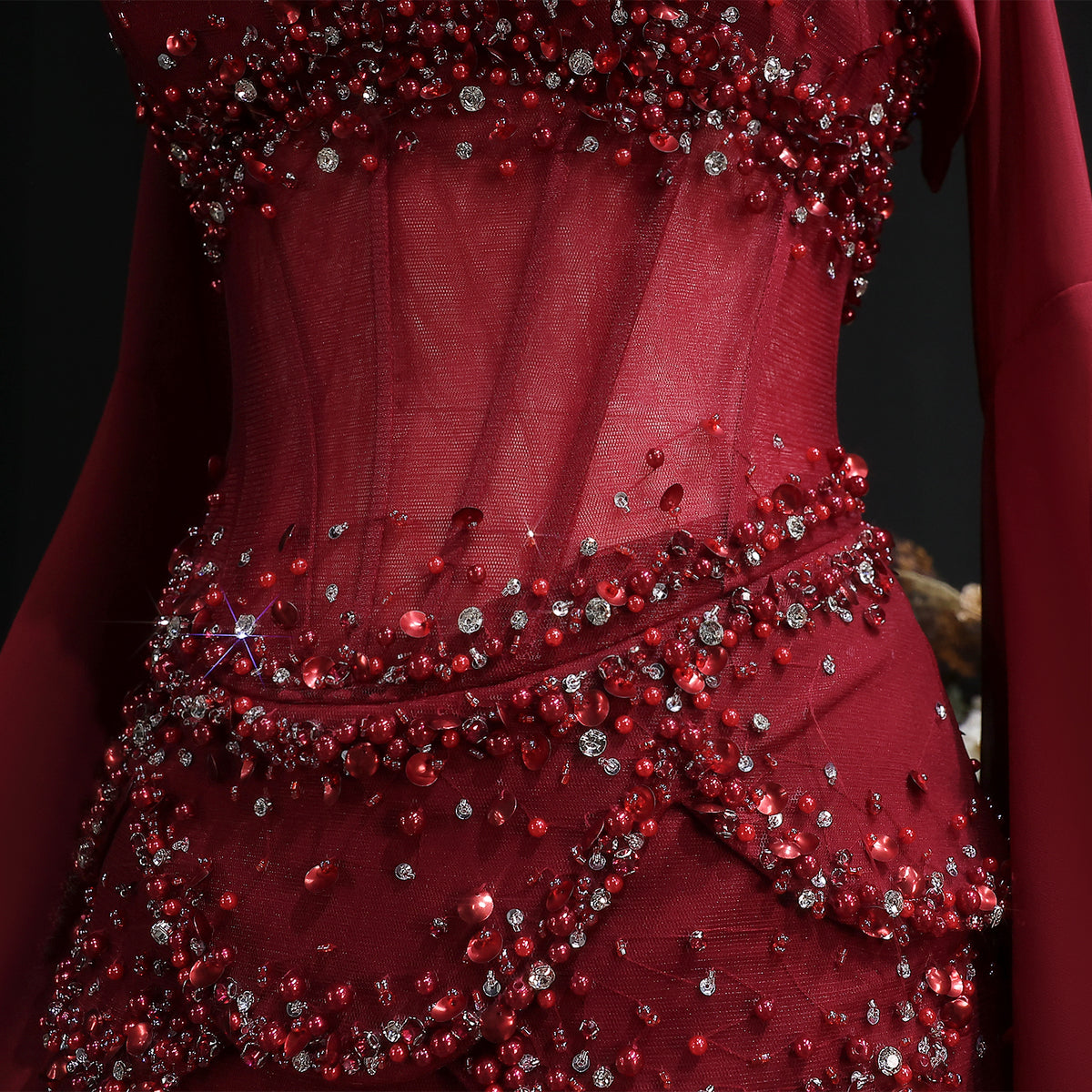 Luxury Pearls Tassel Blue and Yellow Evening Dress with Flowing Sleeves SS286 