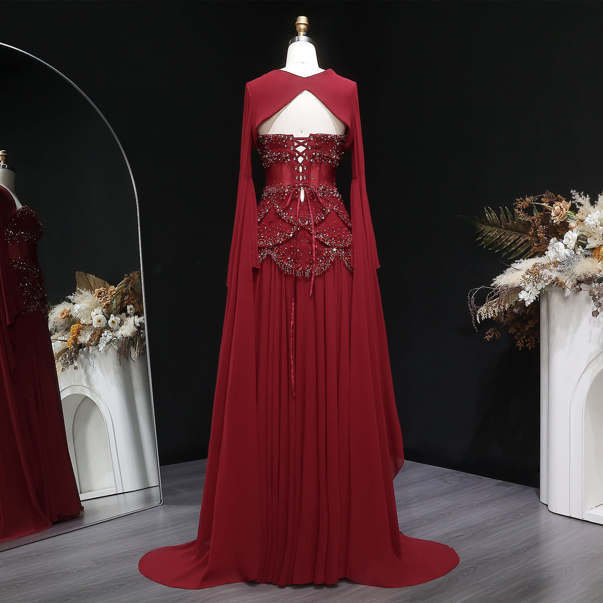 Luxury Pearls Tassel Blue and Yellow Evening Dress with Flowing Sleeves SS286 