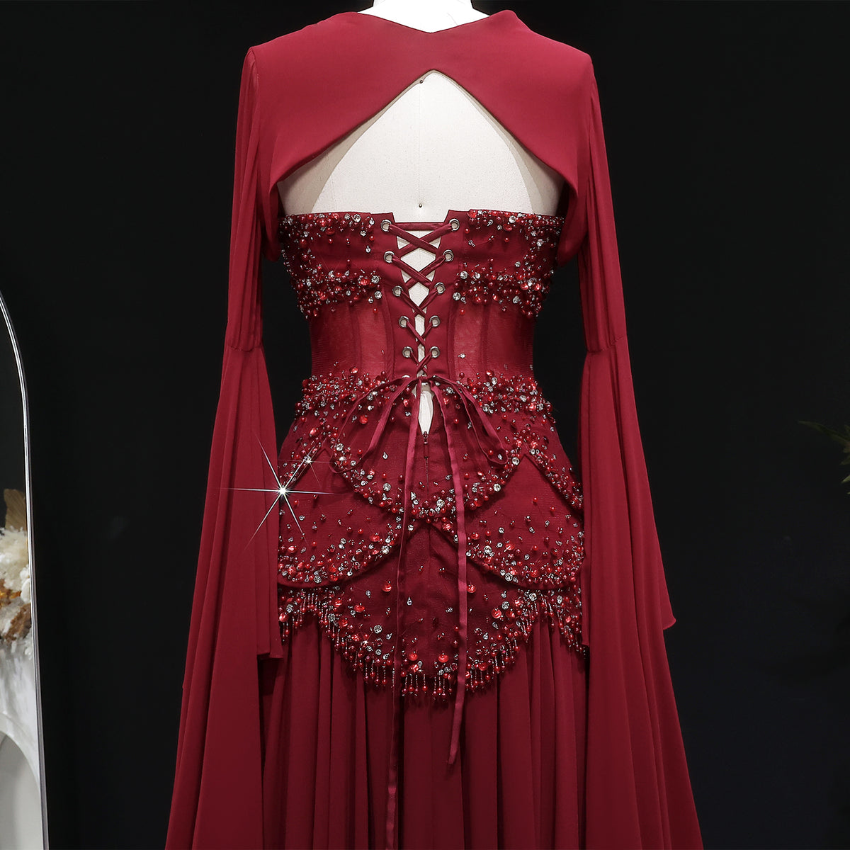 Luxury Pearls Tassel Blue and Yellow Evening Dress with Flowing Sleeves SS286 