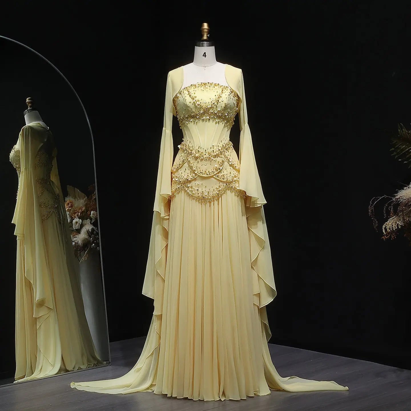 Luxury Pearls Tassel Blue and Yellow Evening Dress with Flowing