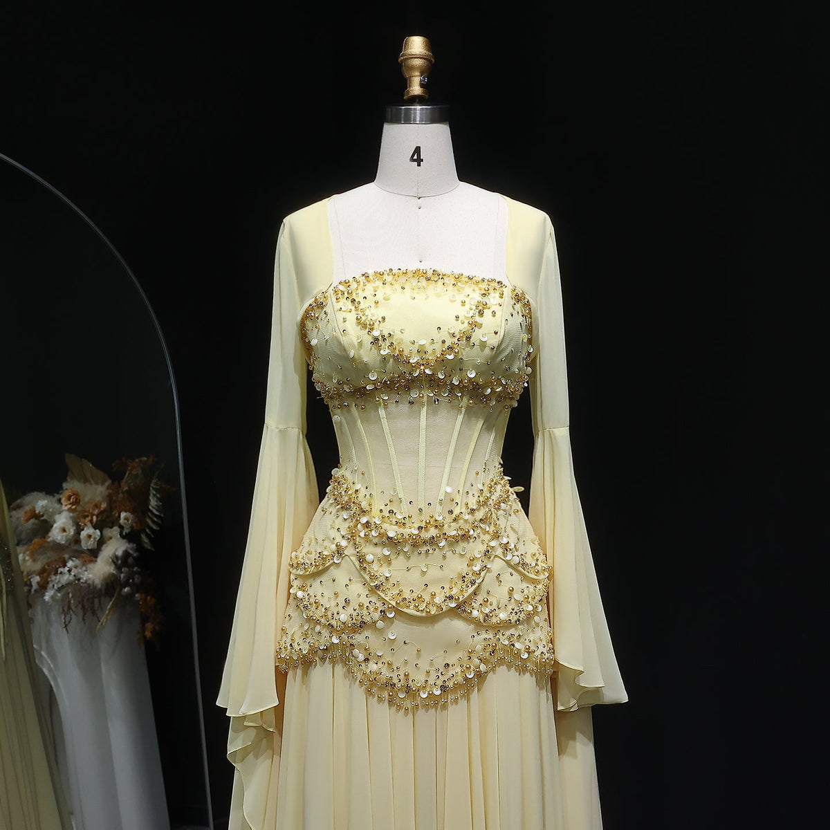 Luxury Pearls Tassel Blue and Yellow Evening Dress with Flowing coat SS286