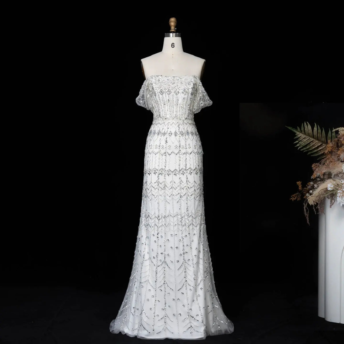 white beaded formal dress Long Beaded Off-White Mermaid Formal Dress