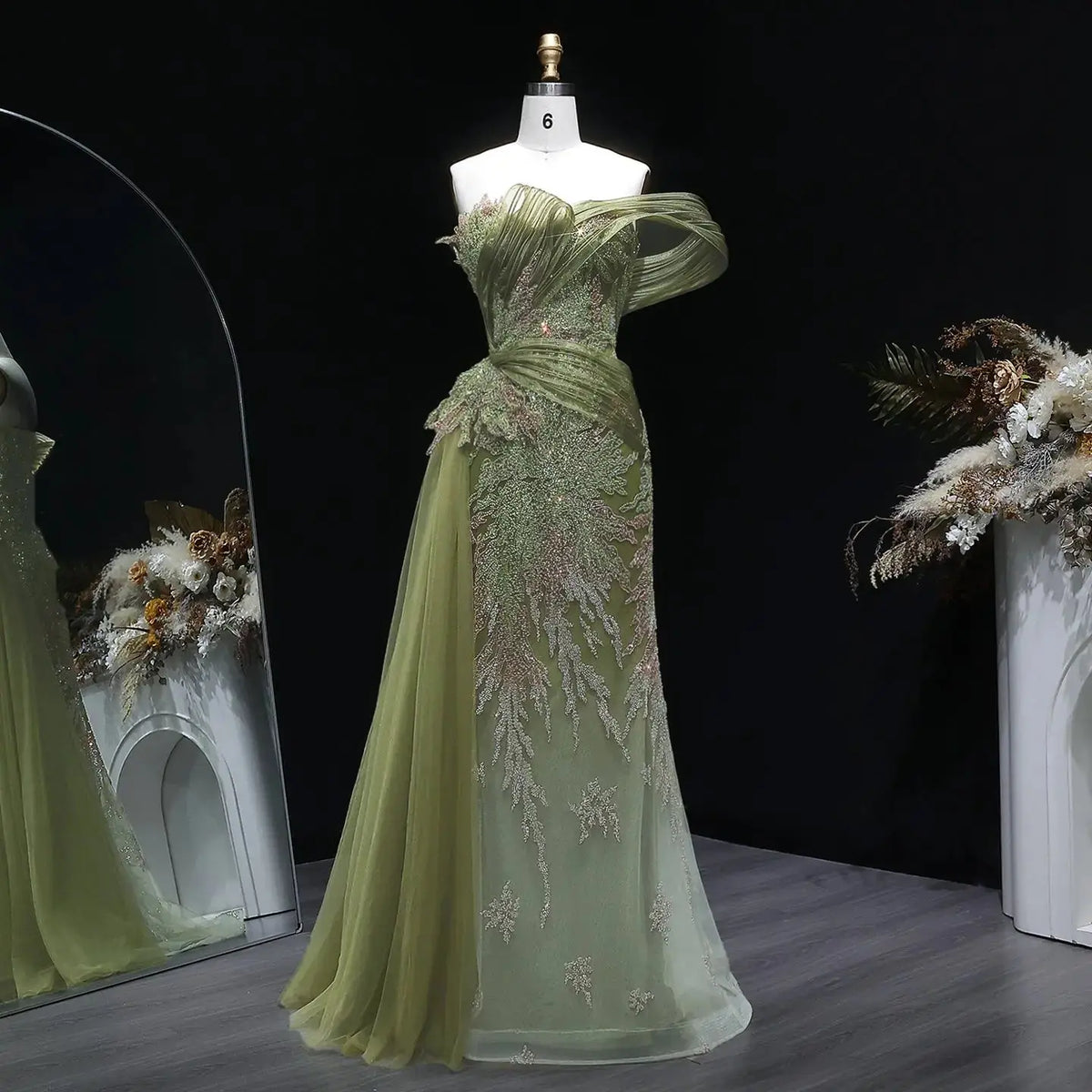 Romantic Gradient Green Draped Beaded Mermaid Evening Dress with Overskirt SS293 