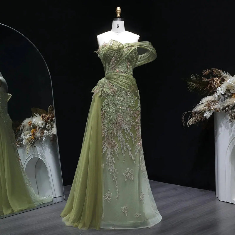 Romantic Gradient Green Draped Beaded Mermaid Evening Dress with Overskirt SS293 