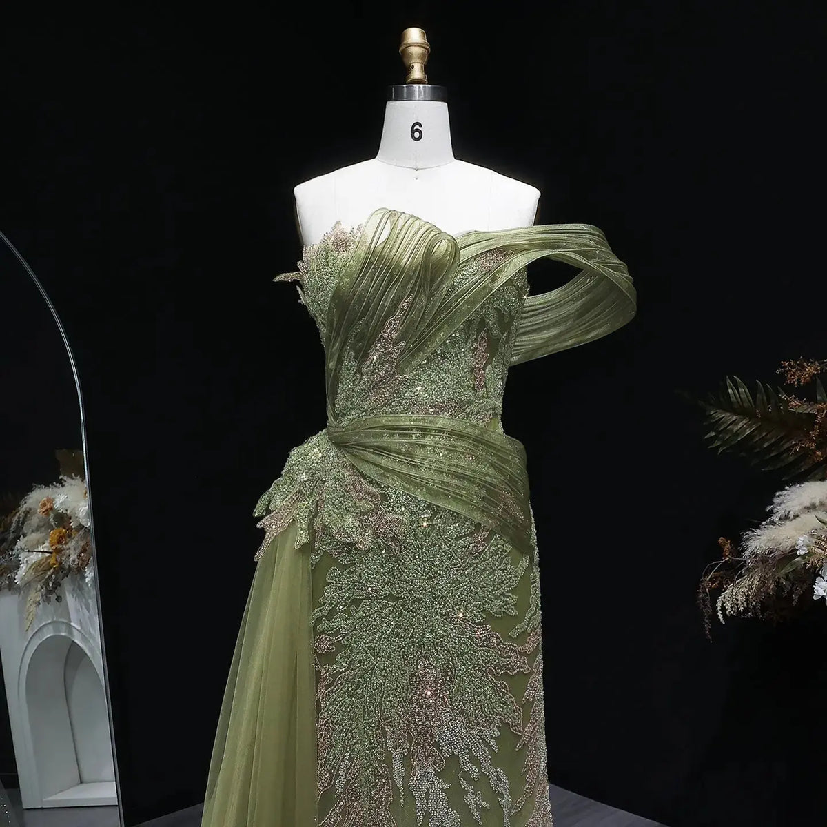 Romantic Gradient Green Draped Beaded Mermaid Evening Dress with Overskirt SS293 