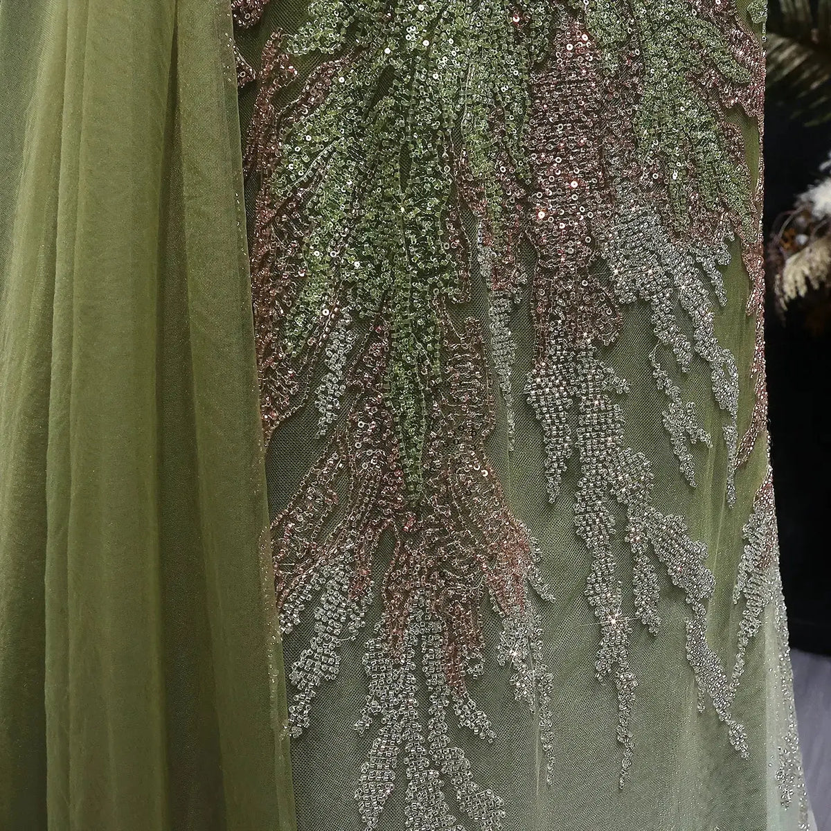 Romantic Gradient Green Draped Beaded Mermaid Evening Dress with Overskirt SS293 