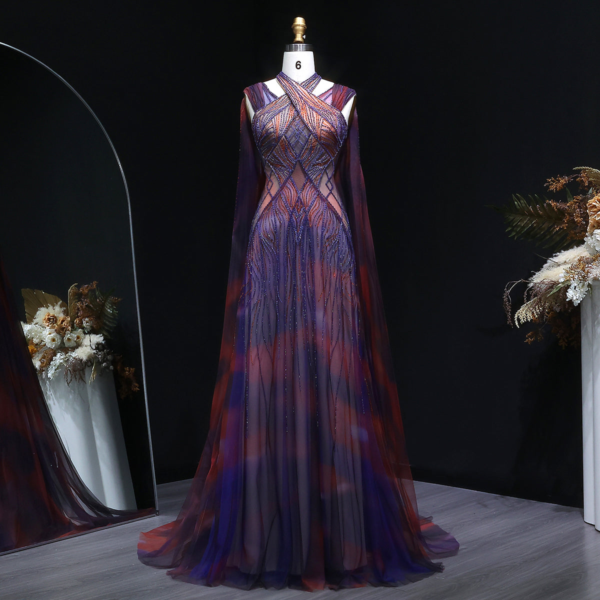 Luxury Beaded Crystal Mermaid Evening Dress with Cape SS297 