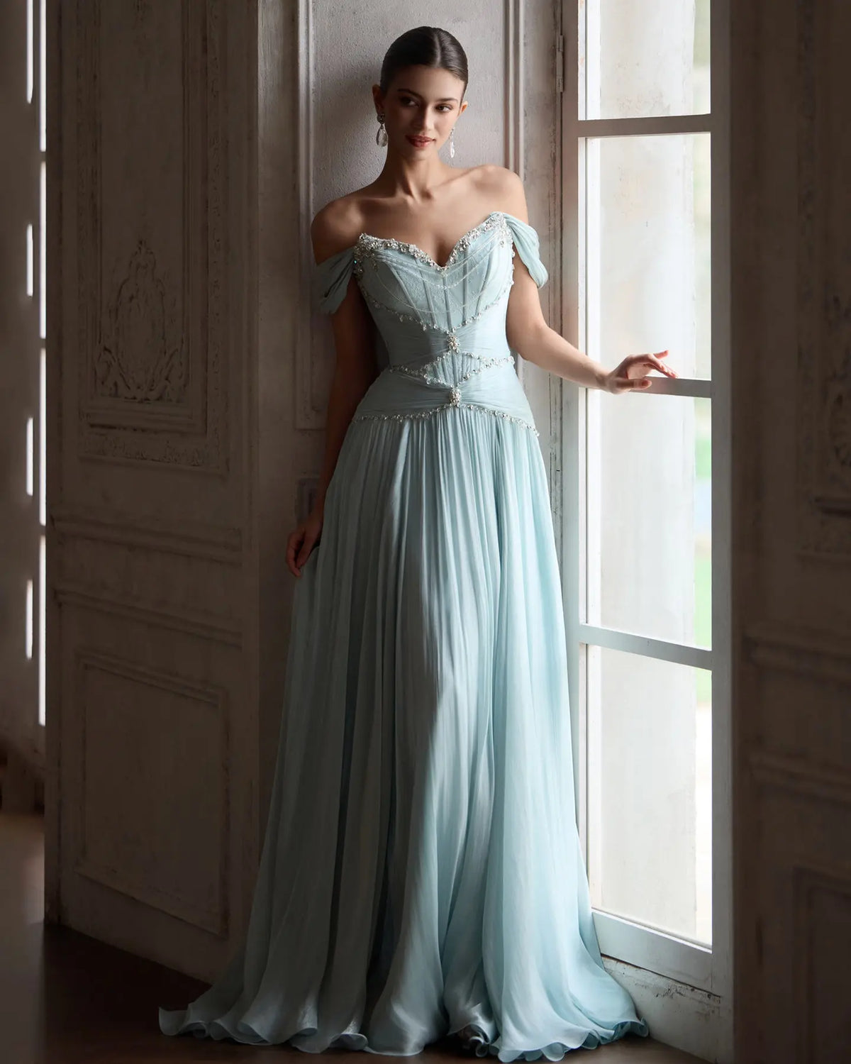 Aqua Off-Shoulder Crystal A-Line Evening Dress SS308