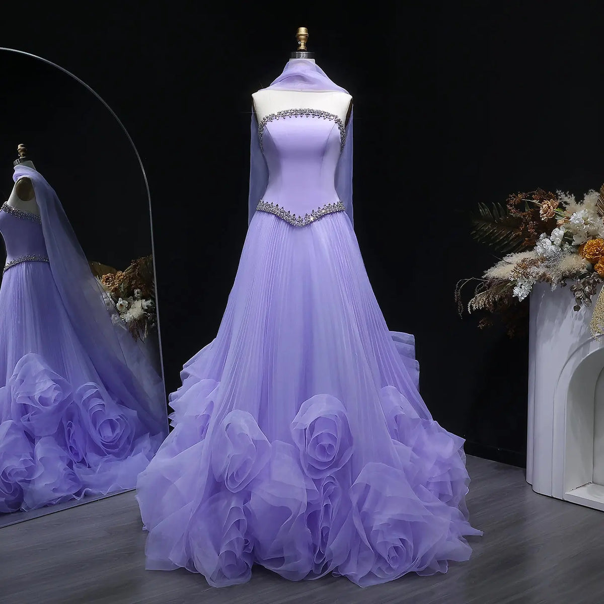 Luxury Lilac 3D Floral Strapless Tulle Evening Dress with Scarf SS310 