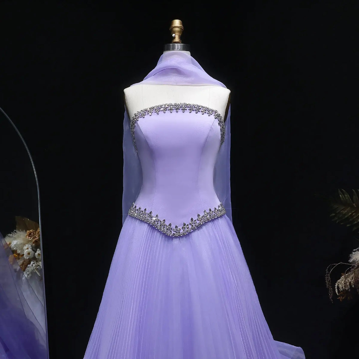 Luxury Lilac 3D Floral Strapless Tulle Evening Dress with Scarf SS310 