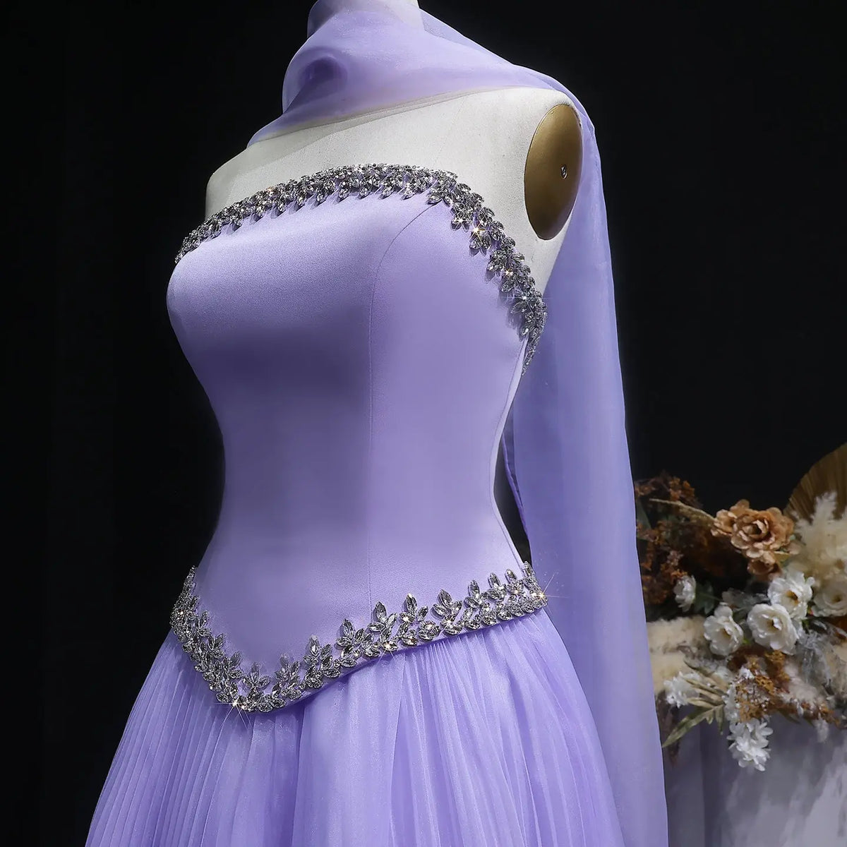 Luxury Lilac 3D Floral Strapless Tulle Evening Dress with Scarf SS310 