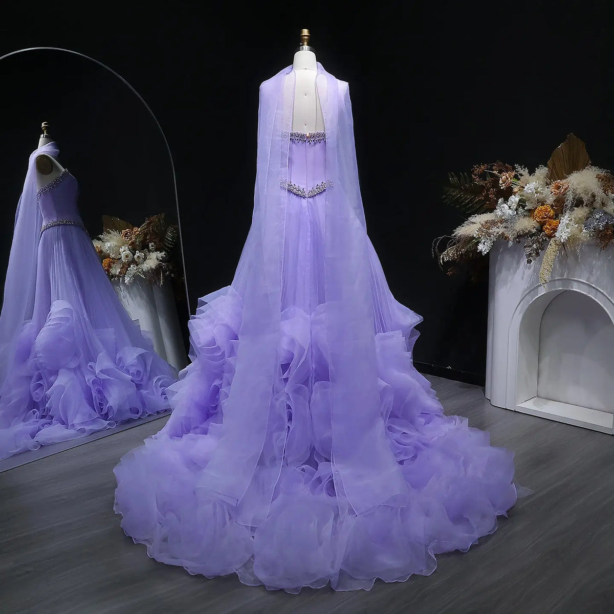 Luxury Lilac 3D Floral Strapless Tulle Evening Dress with Scarf SS310 
