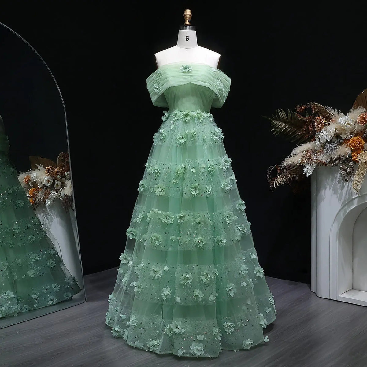Luxury Sage Green 3D Flowers Dubai Evening Dress with Cape SS346 