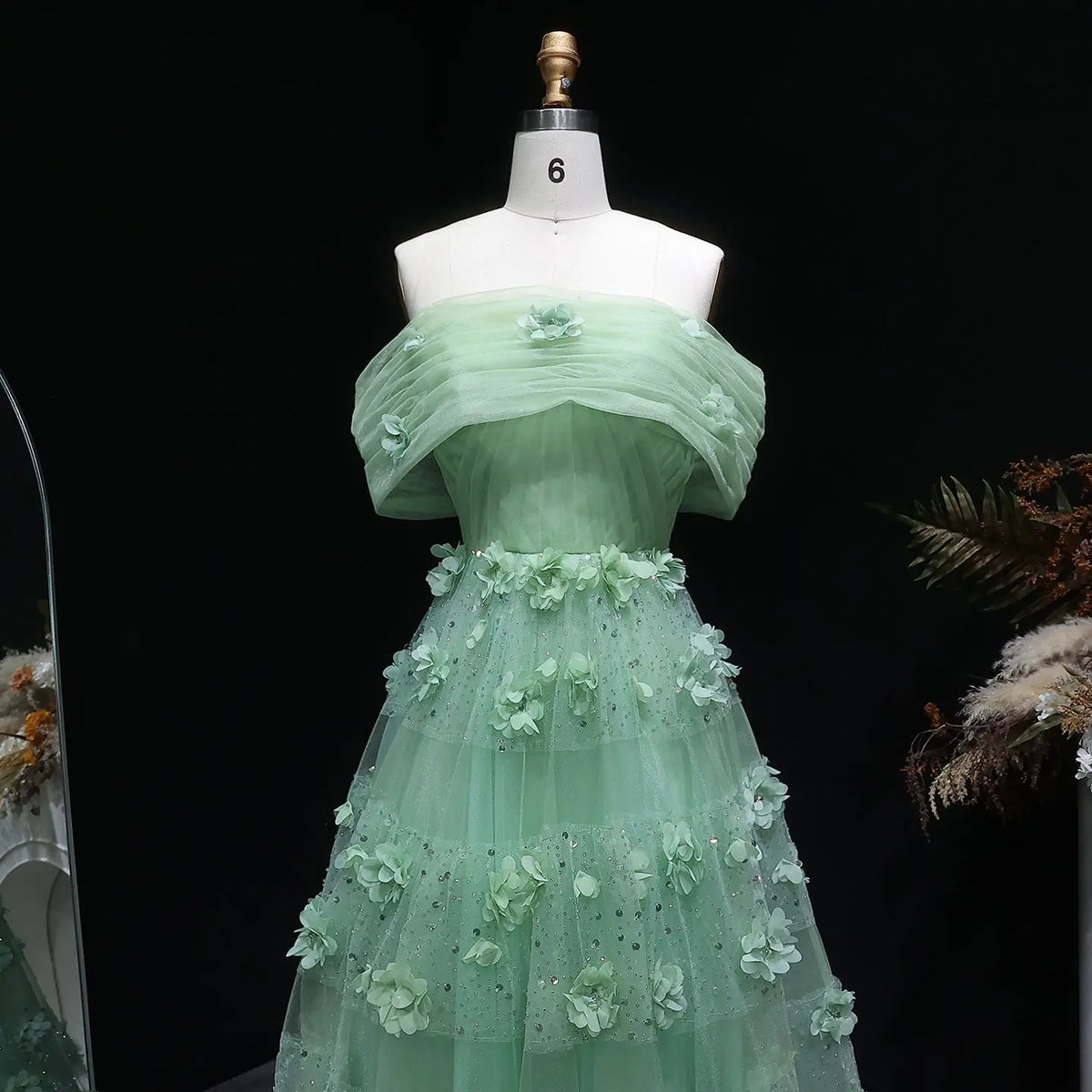 Luxury Sage Green 3D Flowers Dubai Evening Dress with Cape SS346 