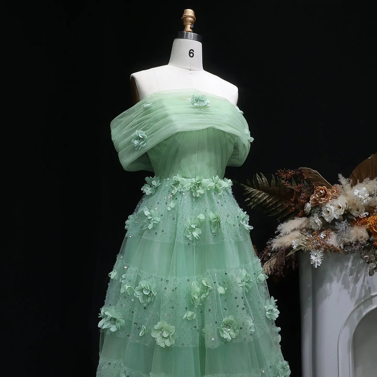 Luxury Sage Green 3D Flowers Dubai Evening Dress with Cape SS346 