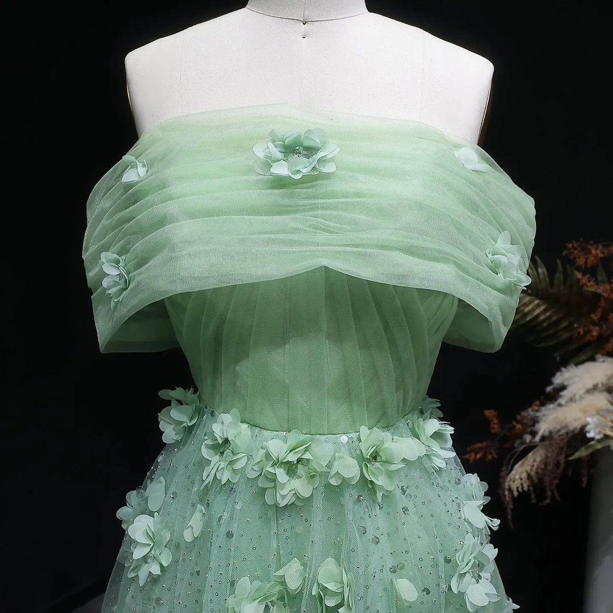 Luxury Sage Green 3D Flowers Dubai Evening Dress with Cape SS346 