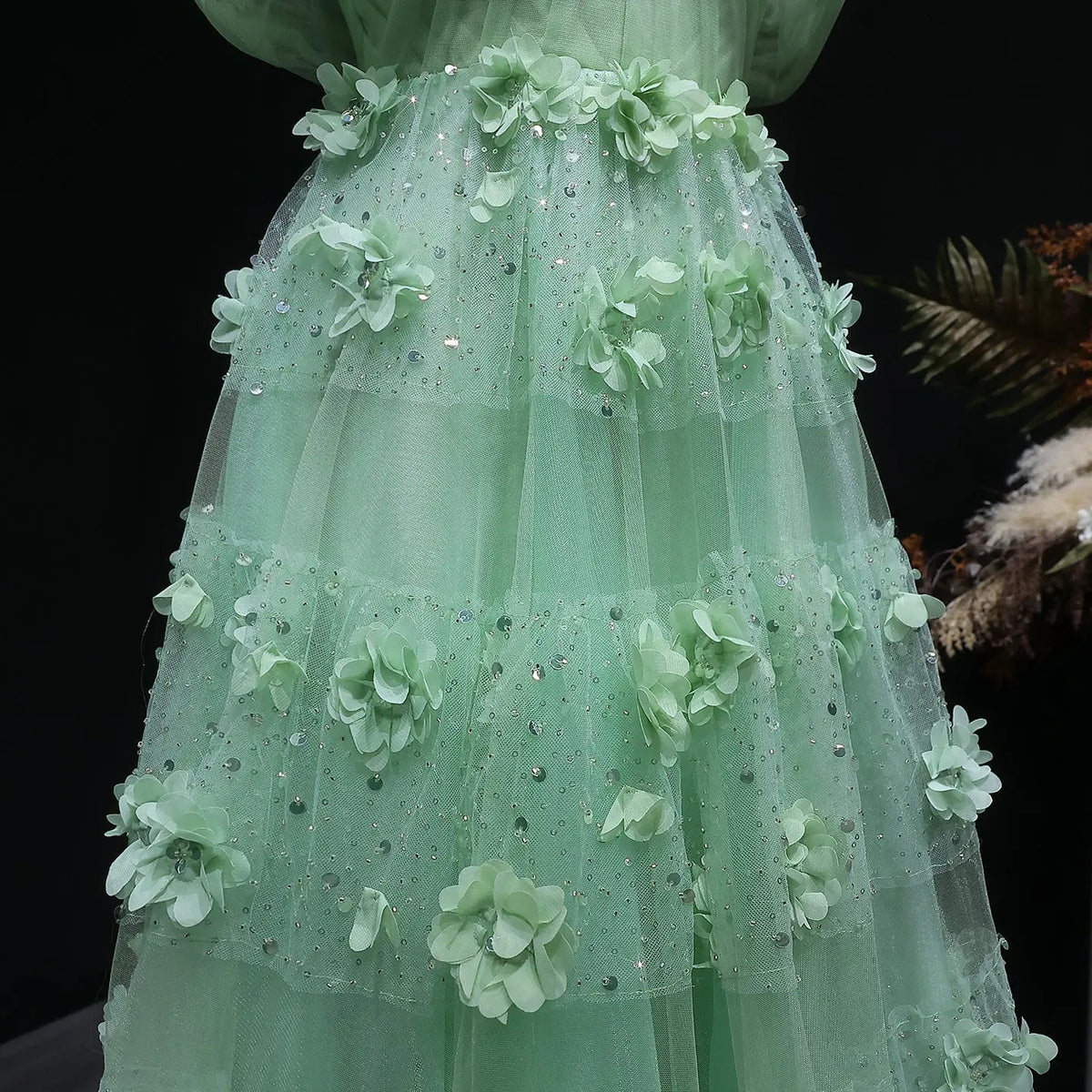 Luxury Sage Green 3D Flowers Dubai Evening Dress with Cape SS346 - SHARONSAID Luxury Sage Green 3D Flowers Dubai Evening Dress with Cape SS346 - SHARONSAID