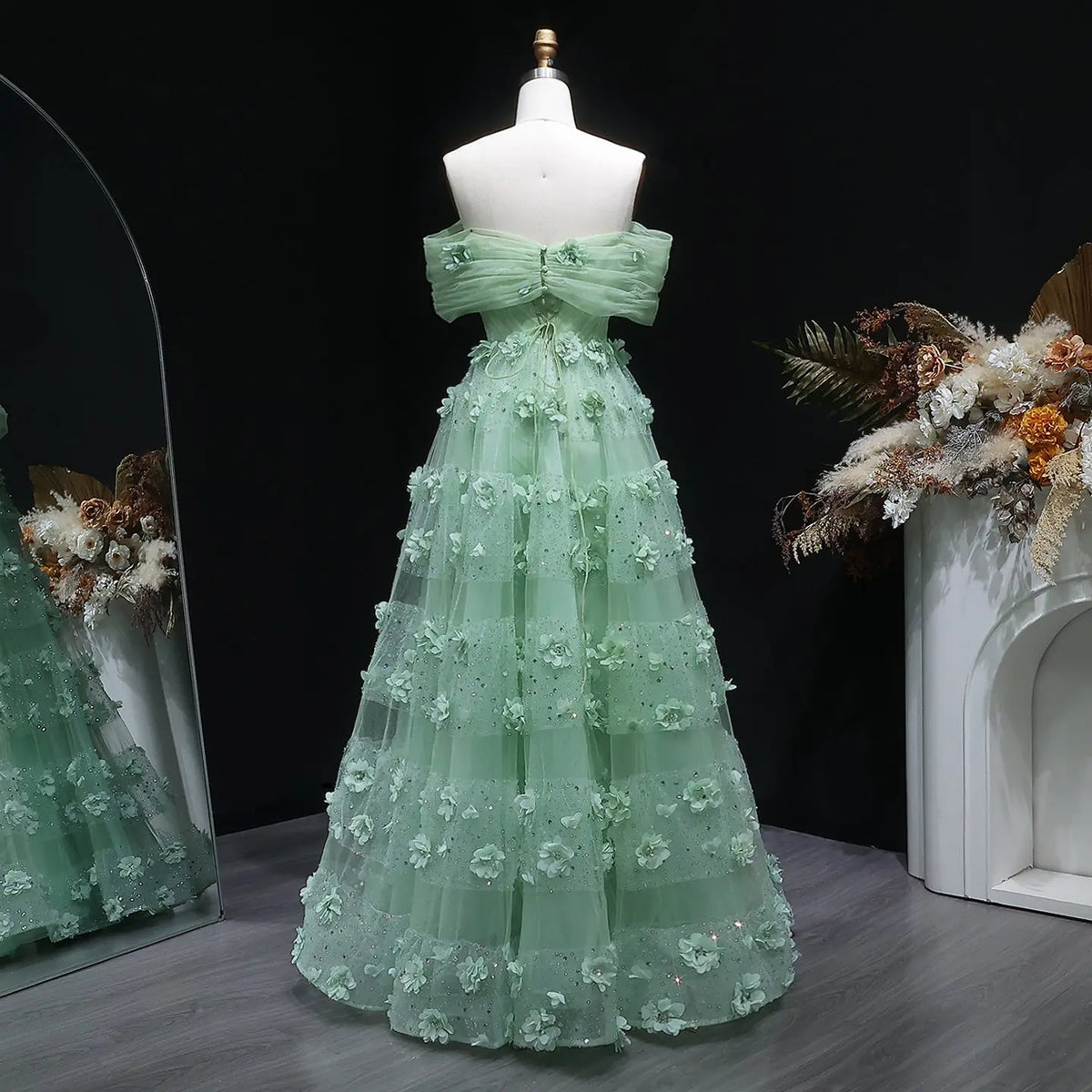 Luxury Sage Green 3D Flowers Dubai Evening Dress with Cape SS346 
