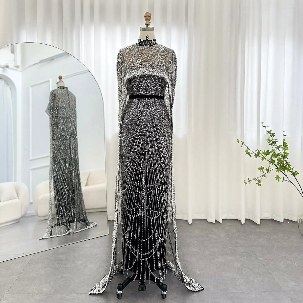 Luxury Pearls Champagne Evening Dress with Cape SS369 