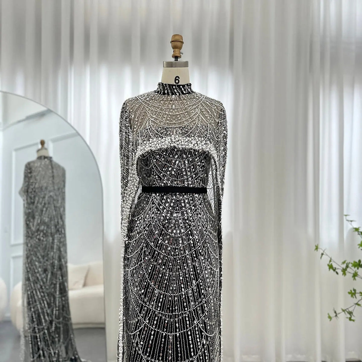 Luxury Pearls Champagne Evening Dress with Cape SS369 