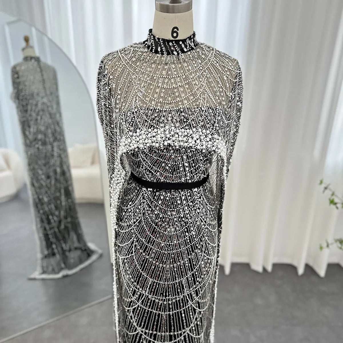 Luxury Pearls Champagne Evening Dress with Cape SS369 