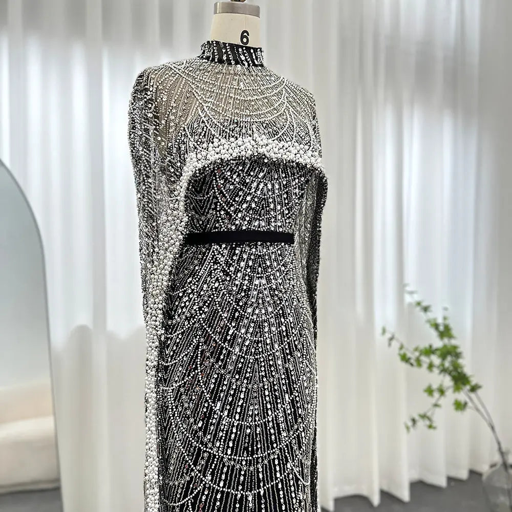 Luxury Pearls Champagne Evening Dress with Cape SS369 