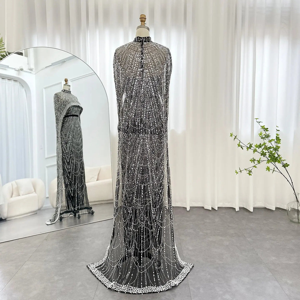 Luxury Pearls Champagne Evening Dress with Cape SS369 