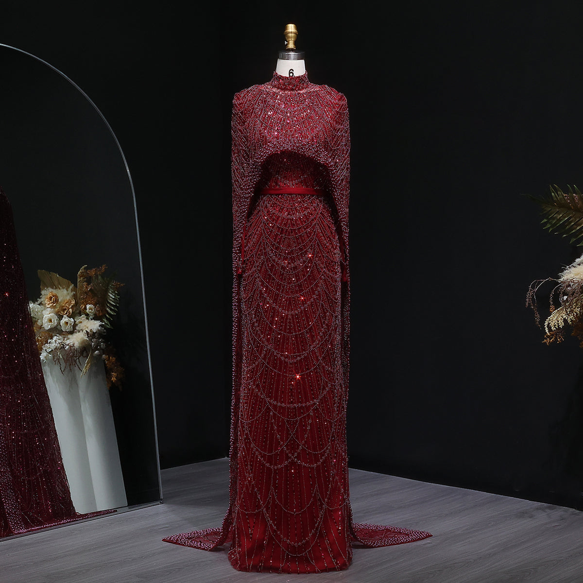 Luxury Long Sleeves Nude Evening Dress with Cape SS369A 