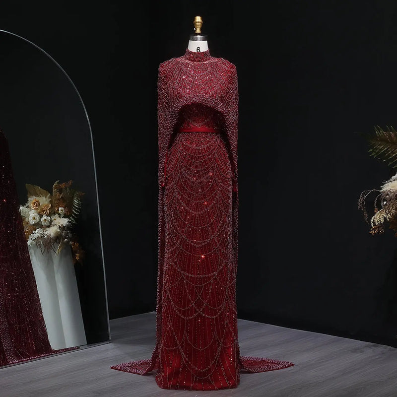 Luxury Long Sleeves Nude Evening Dress with Cape SS369A 