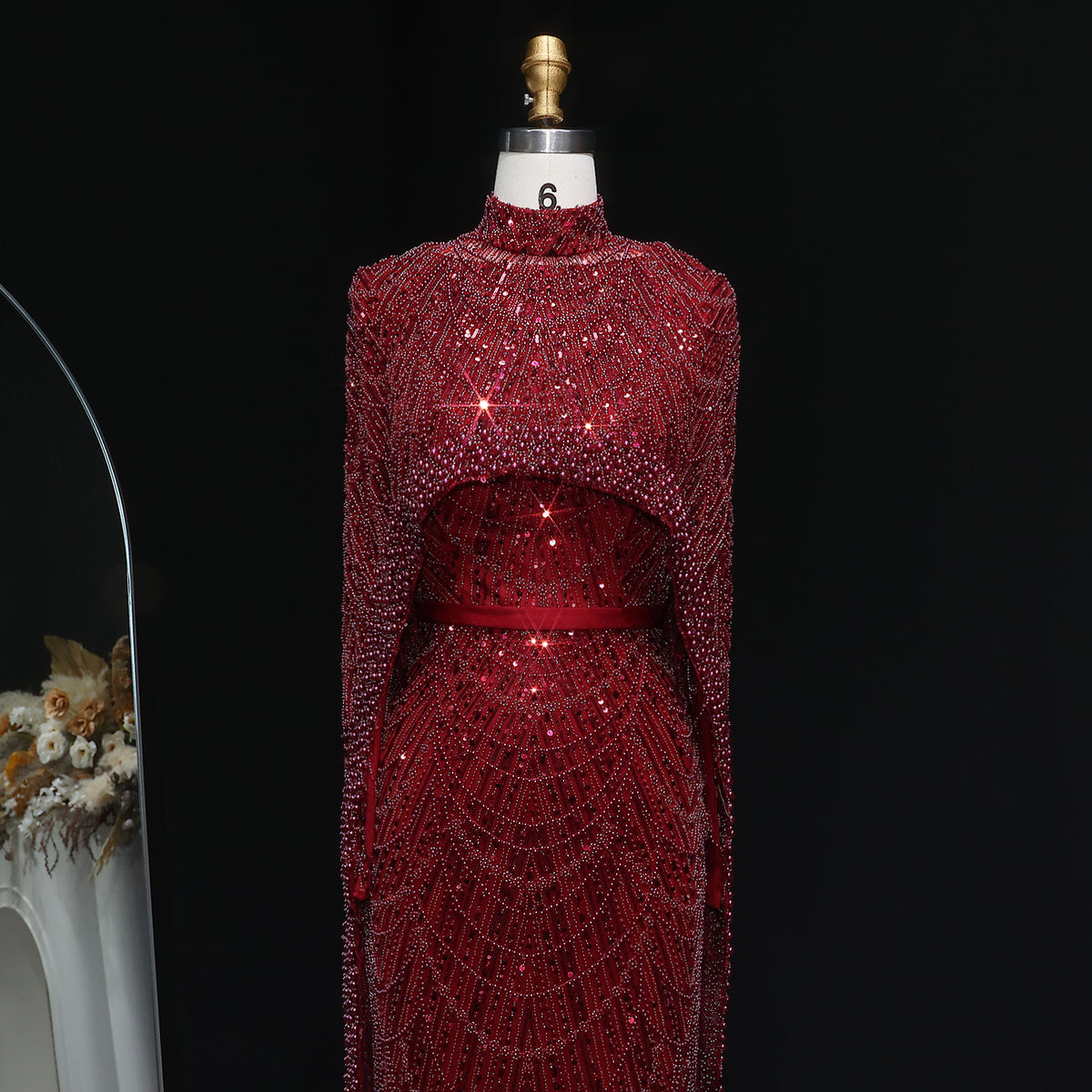 Luxury Long Sleeves Nude Evening Dress with Cape SS369A 