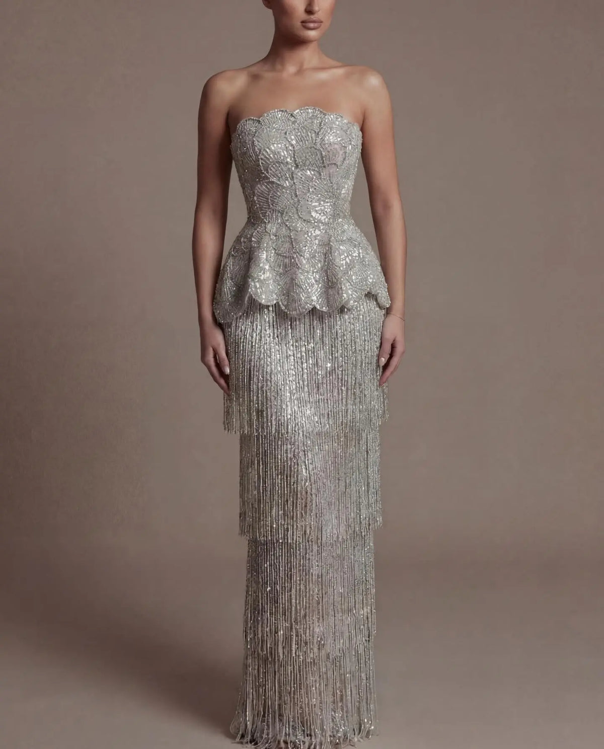 gray beaded dress Beaded Lace & Satin Cut-out Mermaid Grey Prom Gown