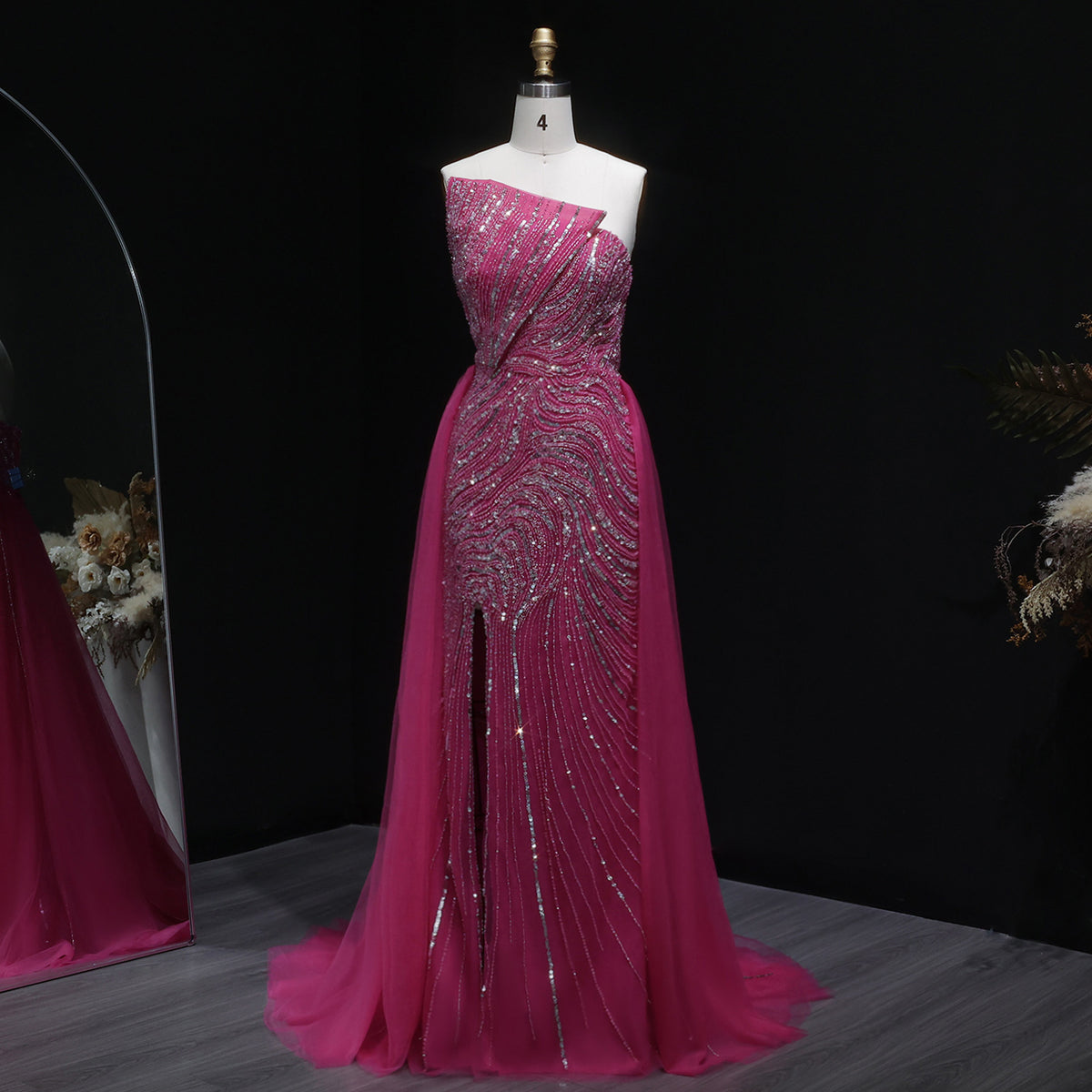 Luxury Dubai Fuchsia Evening Dress with Overskirt Slit SS372 