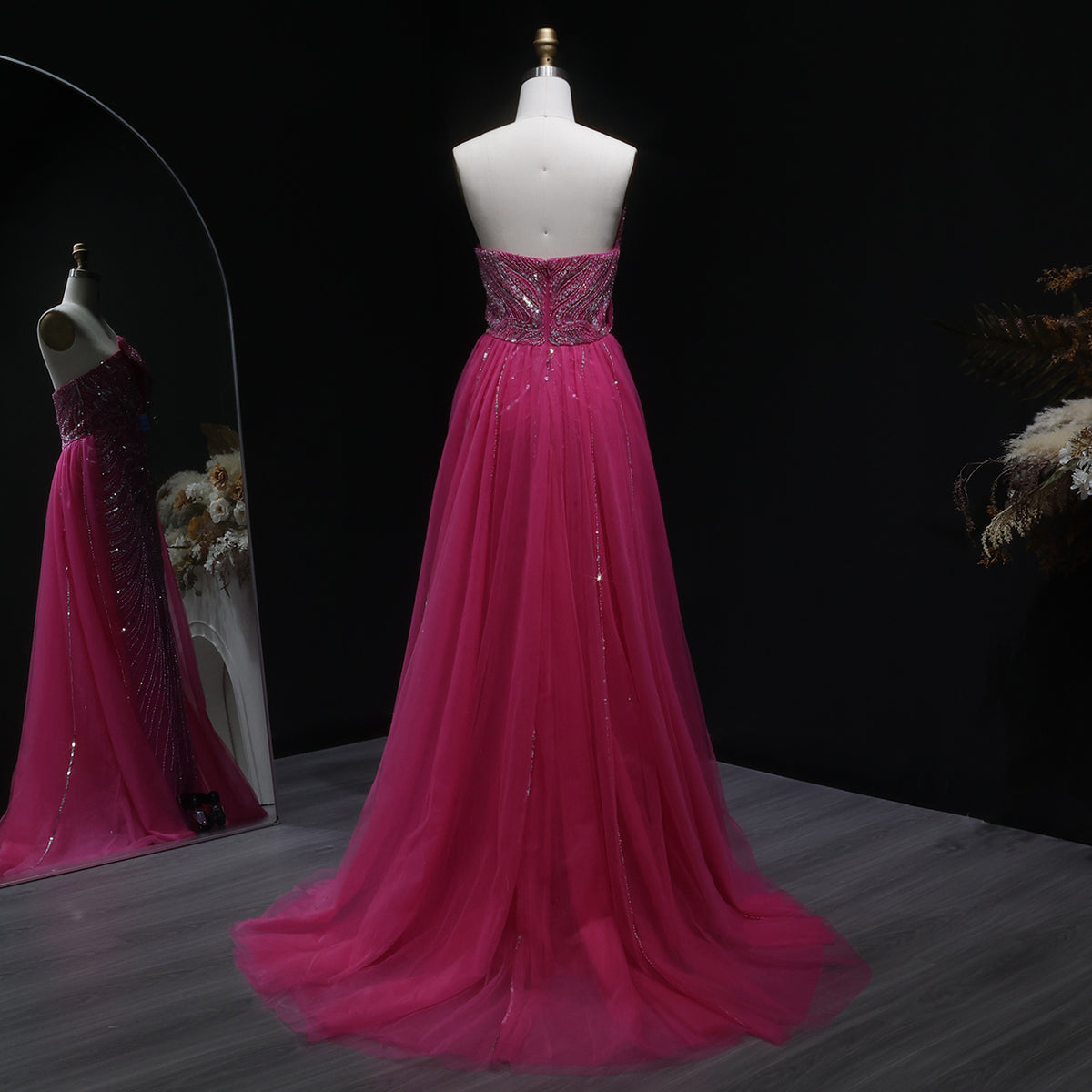 Luxury Dubai Fuchsia Evening Dress with Overskirt Slit SS372 