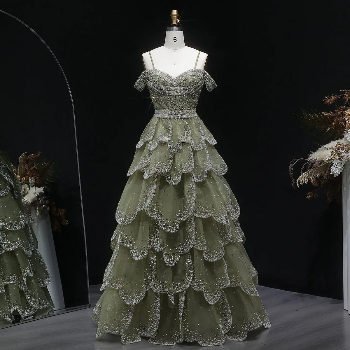 Luxury Green Tiered Ruffled Beaded Evening Dress SS385 