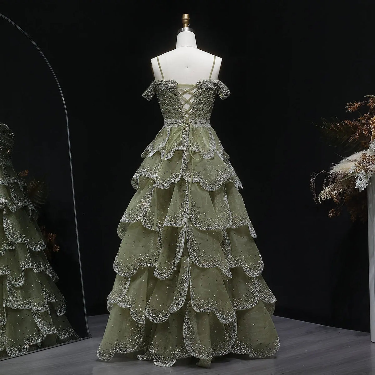 Luxury Green Tiered Ruffled Beaded Evening Dress SS385 