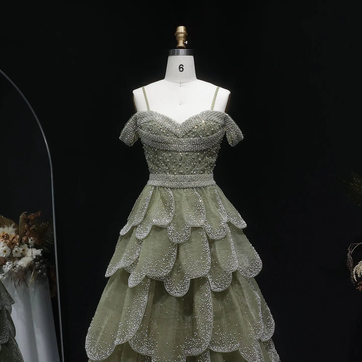 Luxury Green Tiered Ruffled Beaded Evening Dress SS385 