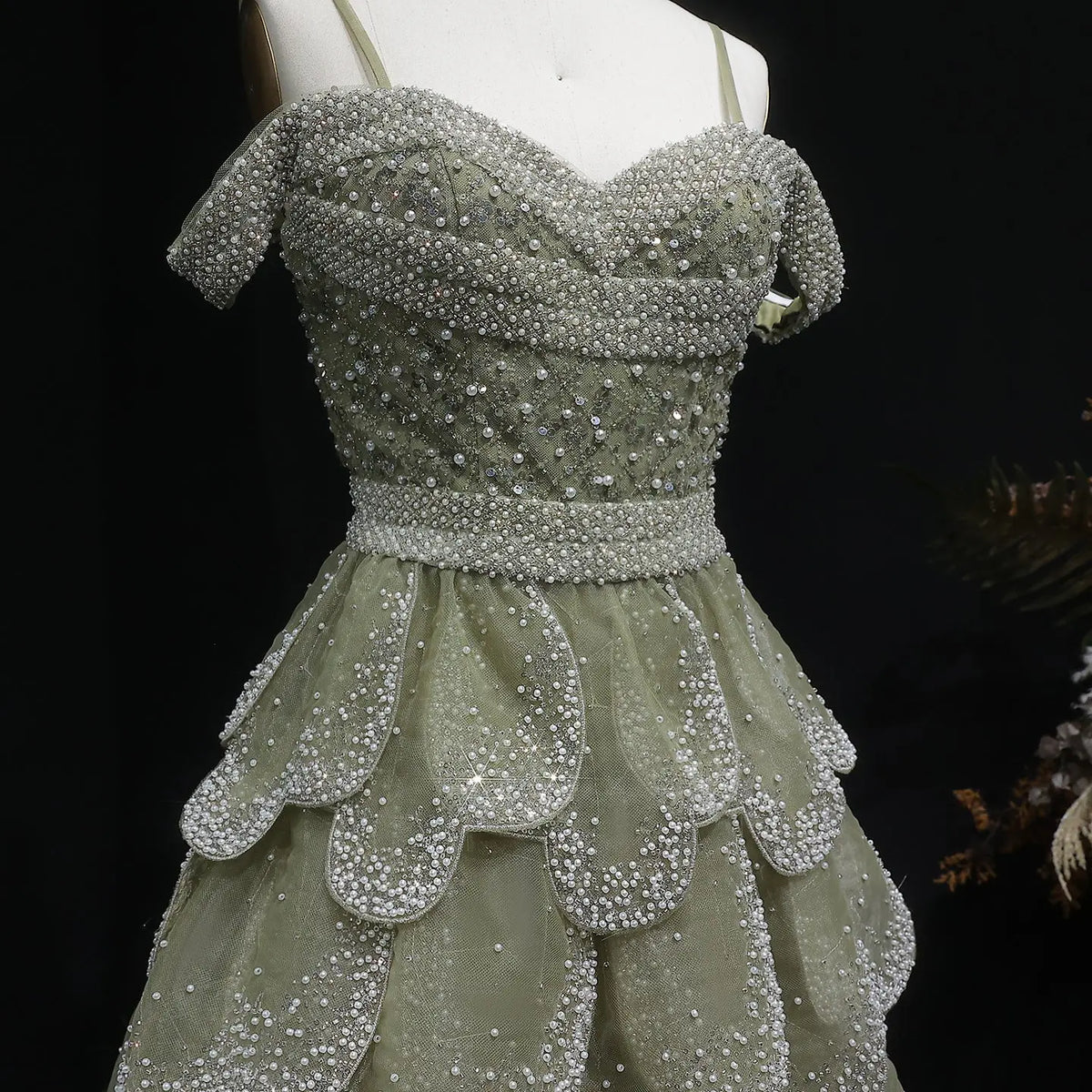 Luxury Green Tiered Ruffled Beaded Evening Dress SS385 