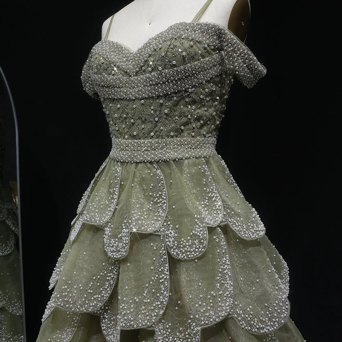 Luxury Green Tiered Ruffled Beaded Evening Dress SS385 