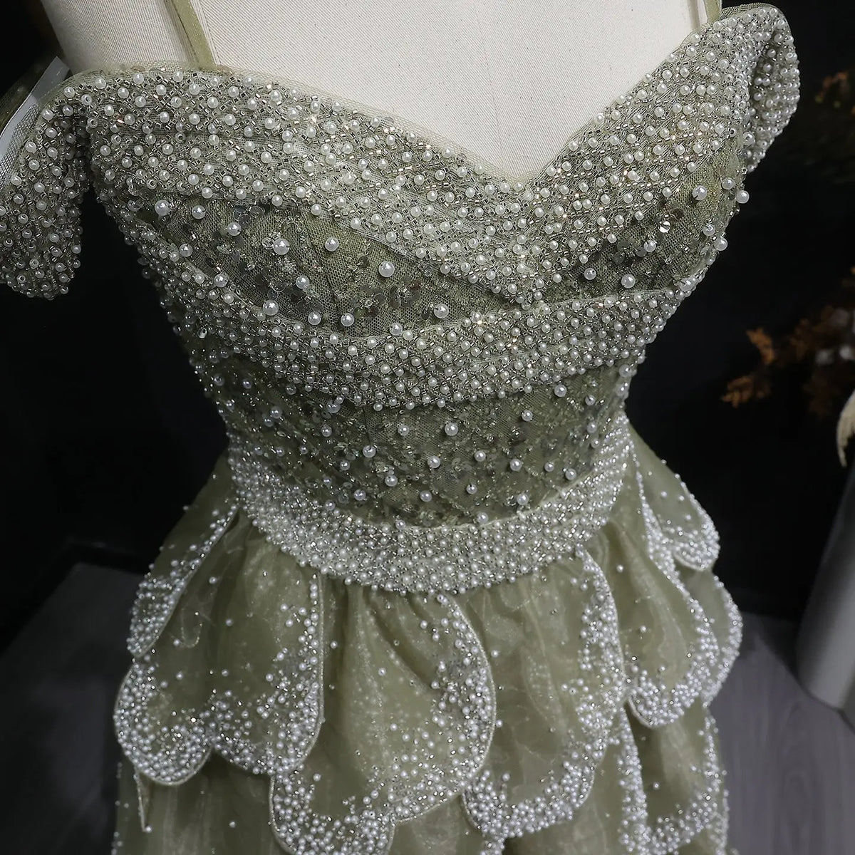 Luxury Green Tiered Ruffled Beaded Evening Dress SS385 