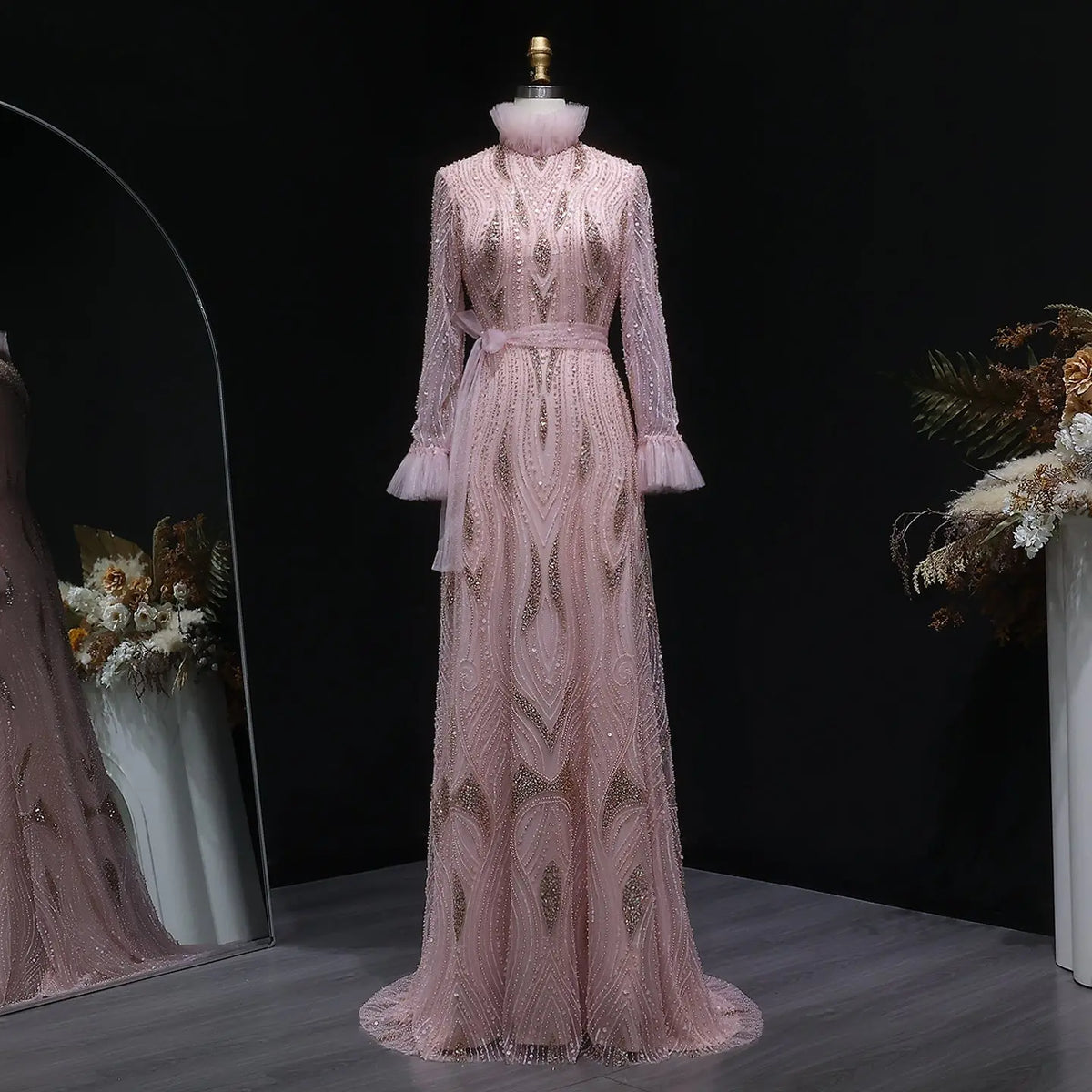 Luxury High-Neck Pink Beaded Embroidered Evening Dress with Belt SS386 